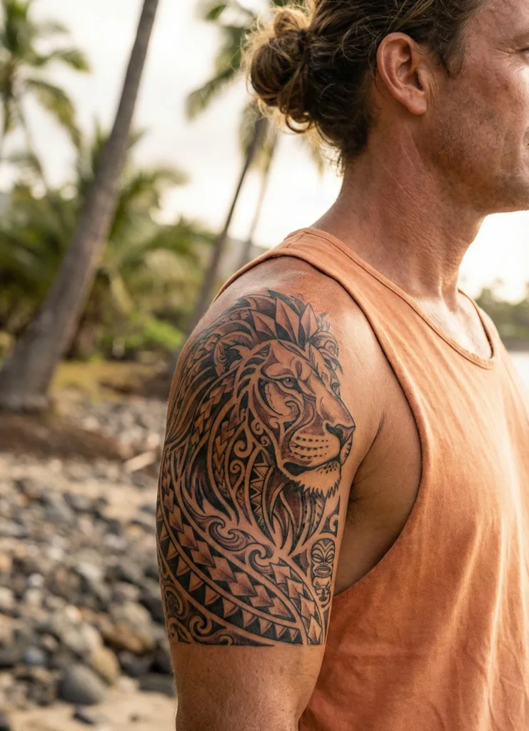 Tribal Lion Tattoo with Traditional Polynesian Patterns