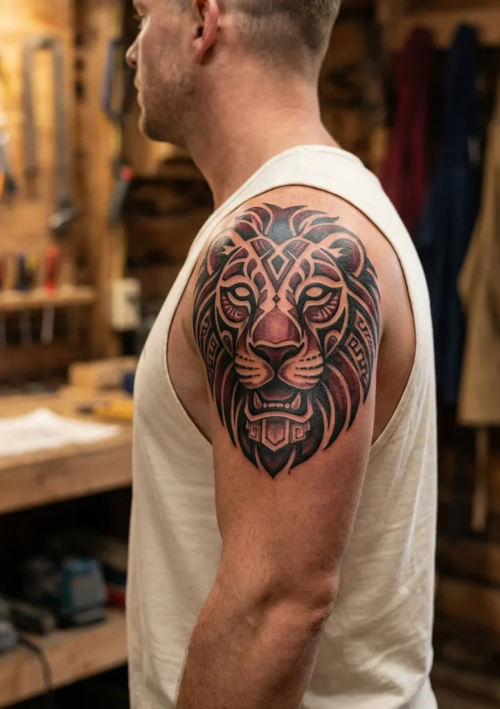 Tribal Lion Tattoo with Tribal Mask Influence
