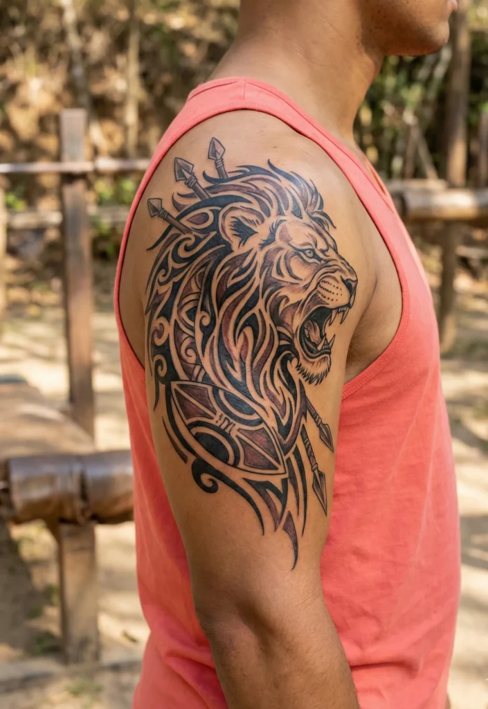 Tribal Lion Tattoo with Warrior-Inspired Design