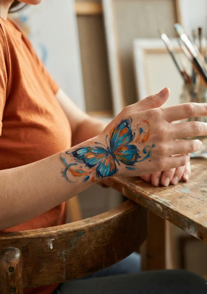 Vibrant Colourful Butterfly Tattoo with Abstract Brush Strokes