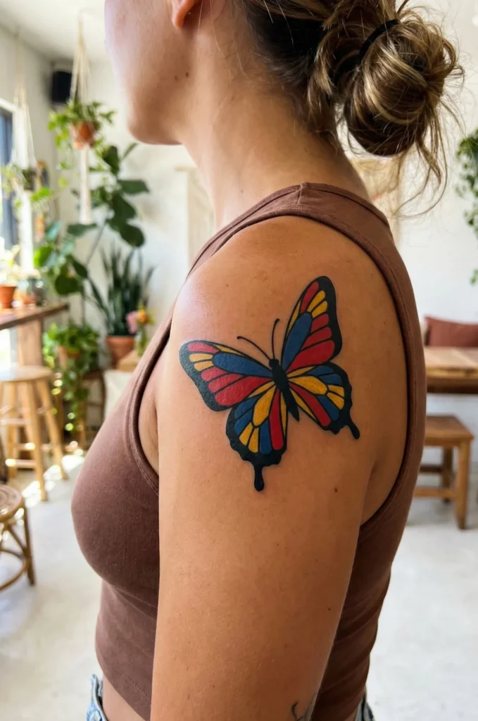 Vibrant Colourful Butterfly Tattoo with Bold Primary Colors