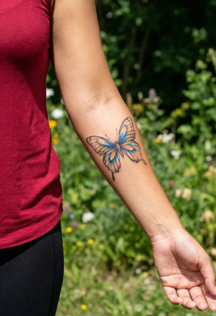 Vibrant Colourful Butterfly Tattoo with Detailed Color Highlights