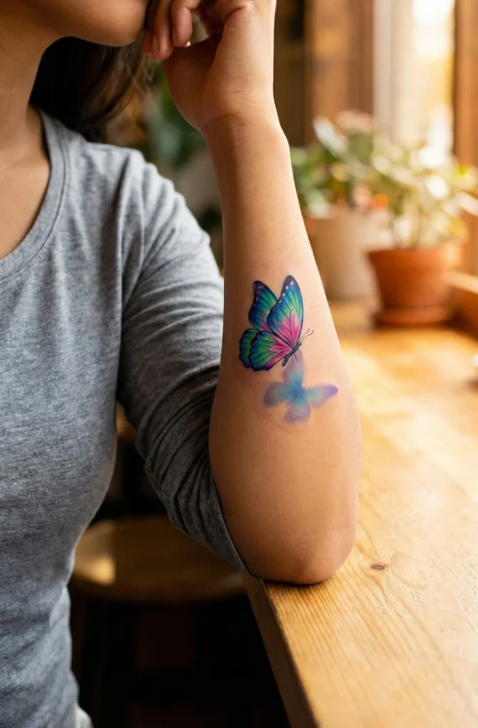 Vibrant Colourful Butterfly Tattoo with Floating Wing Effect