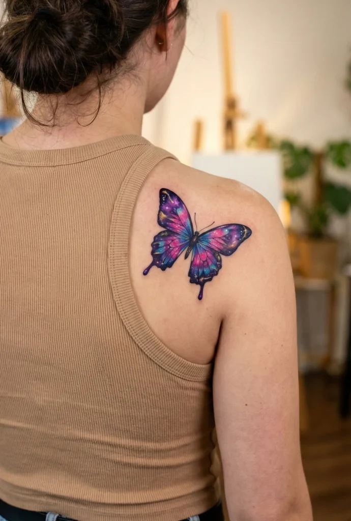 Vibrant Colourful Butterfly Tattoo with Galaxy-Inspired Wings