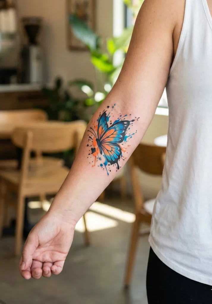 Vibrant Colourful Butterfly Tattoo with Ink Splatter Accents