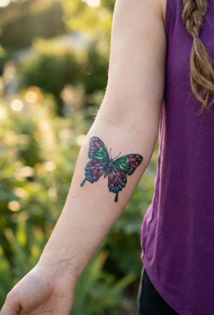 Vibrant Colourful Butterfly Tattoo with Jewel-Tone Wings