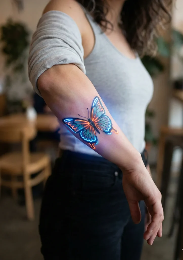 Vibrant Colourful Butterfly Tattoo with Neon Glow Accents