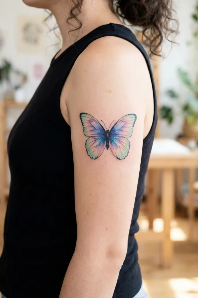 Vibrant Colourful Butterfly Tattoo with Pastel Fade Wings