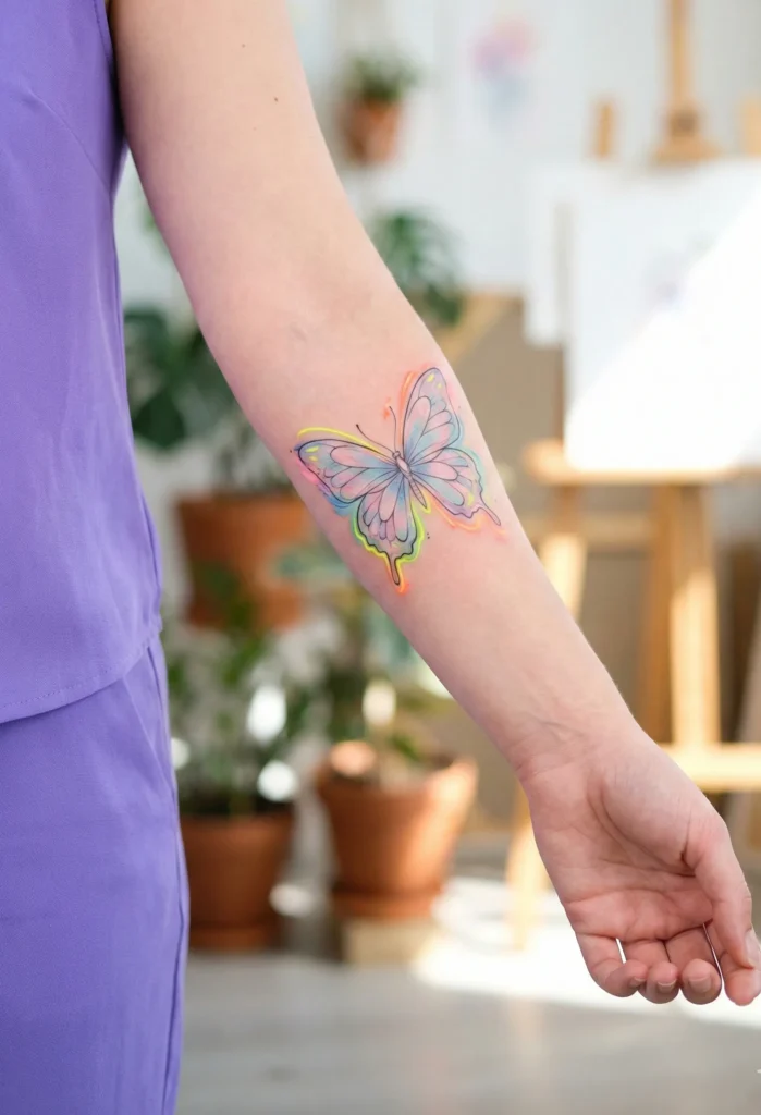 Vibrant Colourful Butterfly Tattoo with Pastel and Neon Mix