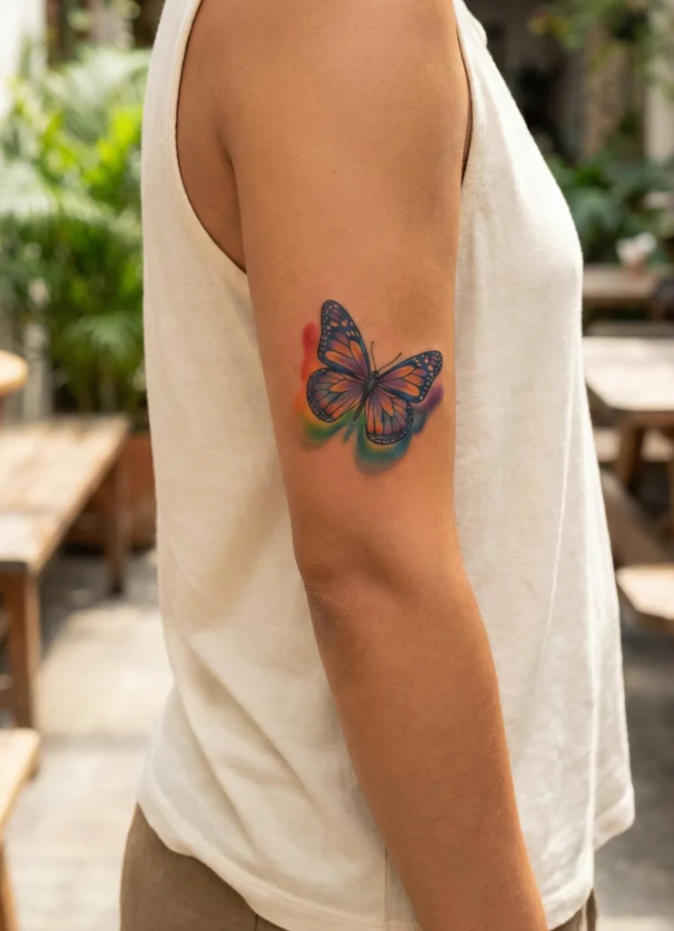 Vibrant Colourful Butterfly Tattoo with Rainbow Shadowing
