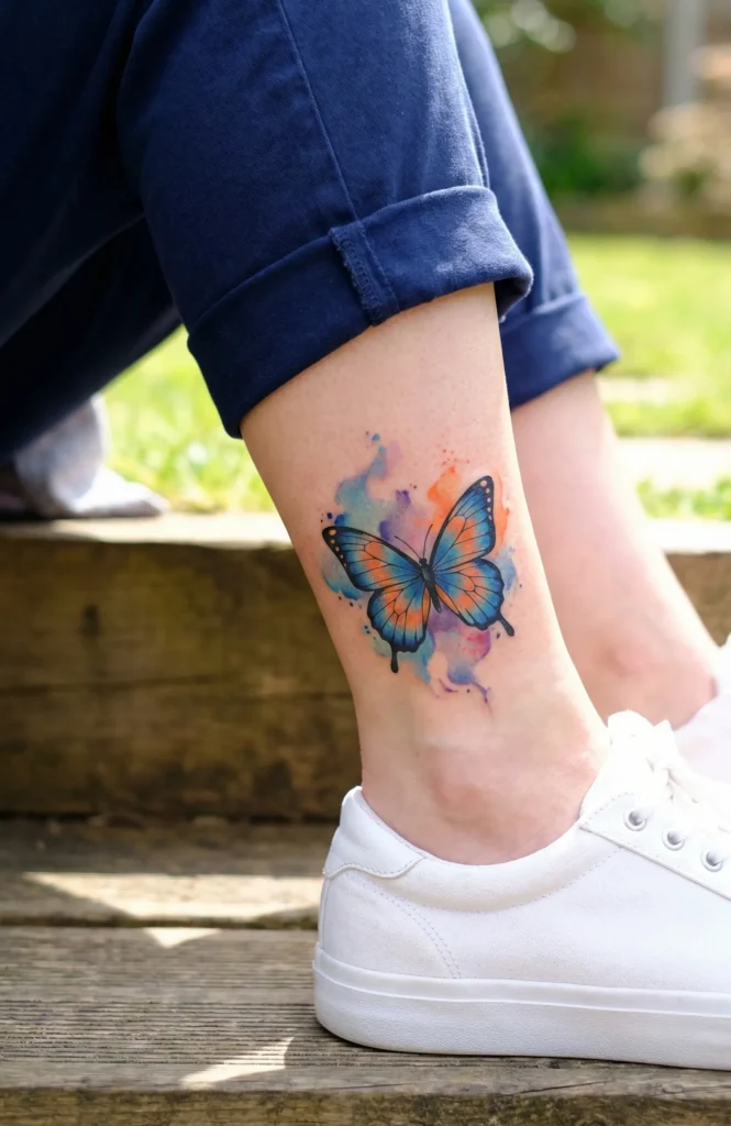 Vibrant Colourful Butterfly Tattoo with Watercolor Background