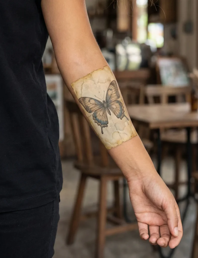Vintage Butterfly Tattoo with Aged Paper Look