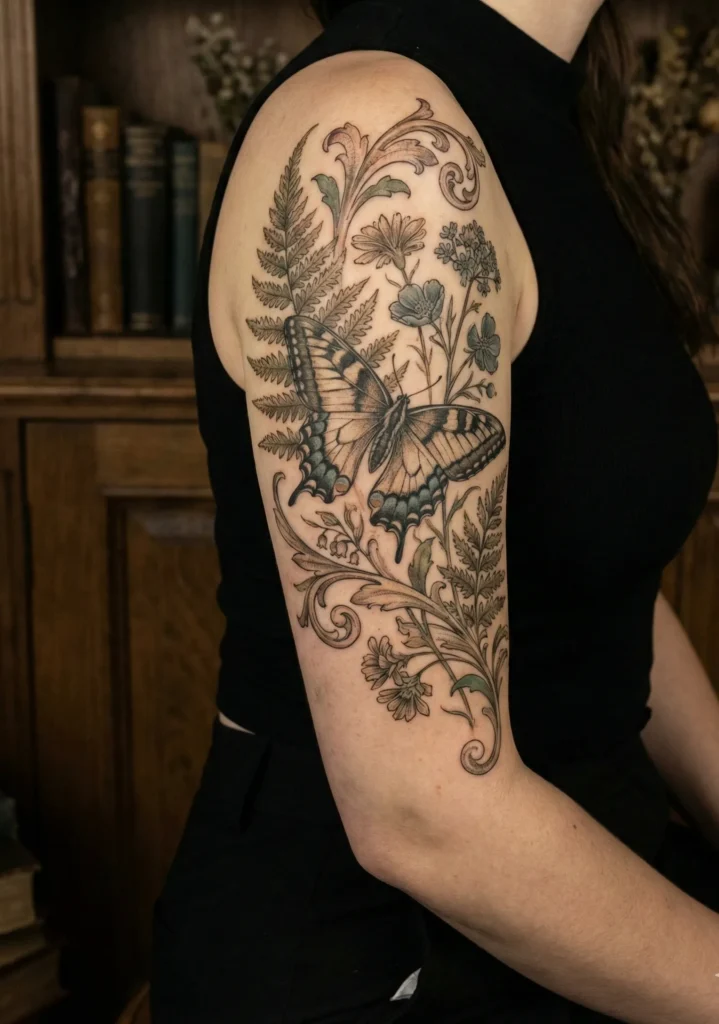 Vintage Butterfly Tattoo with Antique Botanical Style