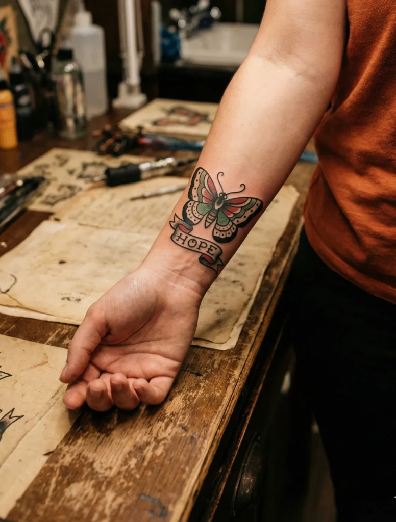 Vintage Butterfly Tattoo with Traditional Flash Design