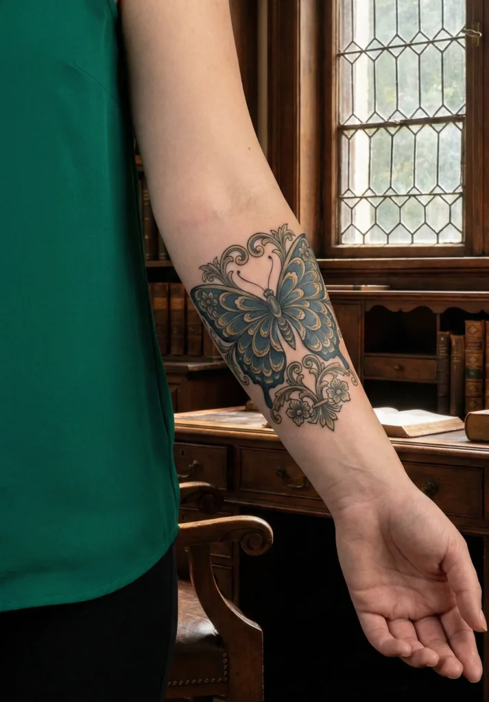 Vintage Butterfly Tattoo with Victorian-Era Detailing