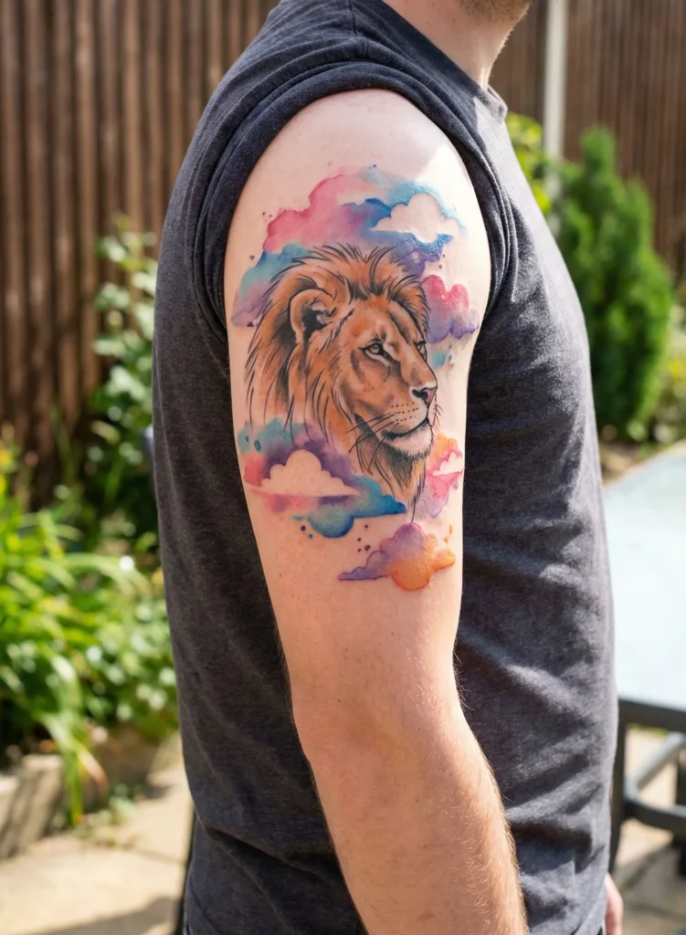 Watercolor Lion Tattoo with Abstract Color Clouds