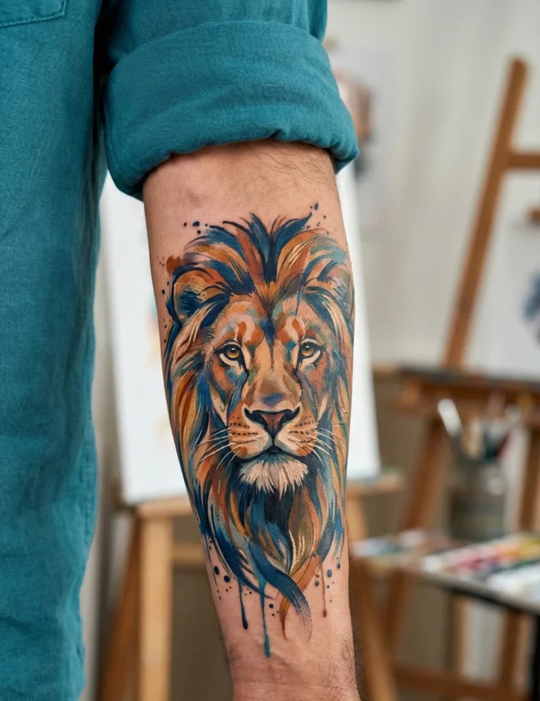 Watercolor Lion Tattoo with Abstract Paint Strokes
