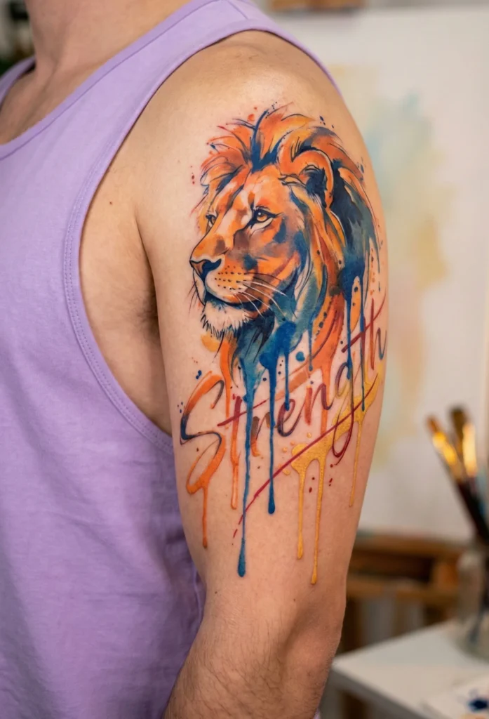 Watercolor Lion Tattoo with Artistic Paint Drip