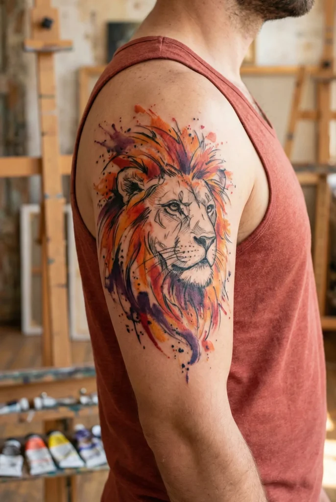 Watercolor Lion Tattoo with Color Splash Mane
