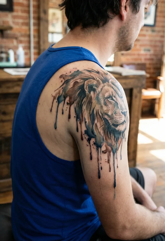 Watercolor Lion Tattoo with Dripping Ink Effect