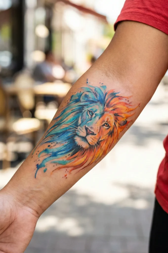 Watercolor Lion Tattoo with Expressive Color Motion