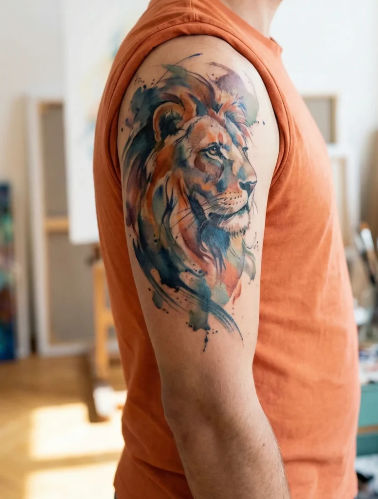 Watercolor Lion Tattoo with Freeform Artistic Style