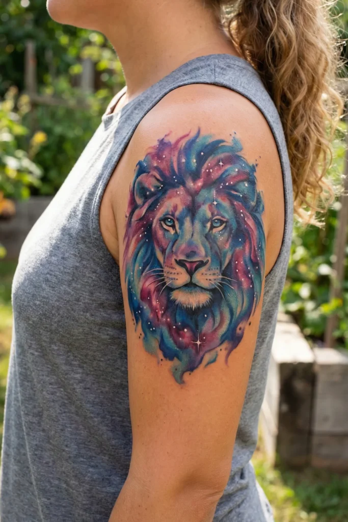Watercolor Lion Tattoo with Galaxy-Inspired Colors