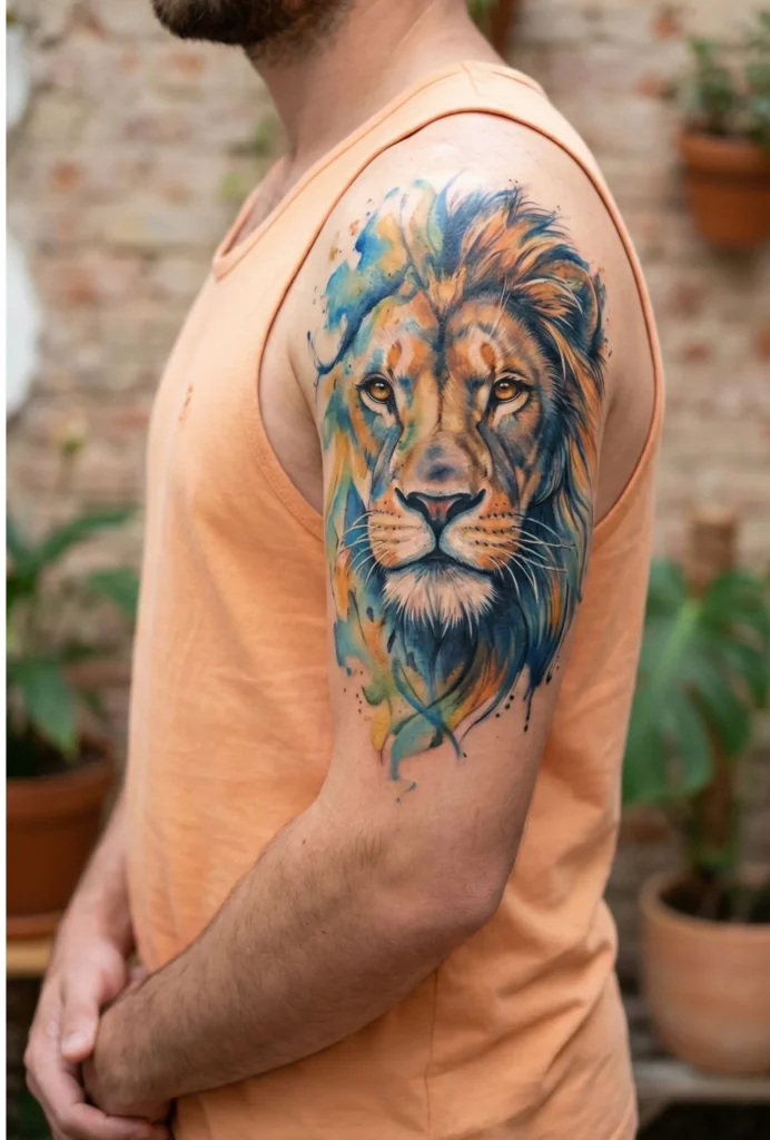Watercolor Lion Tattoo with Half Face Composition