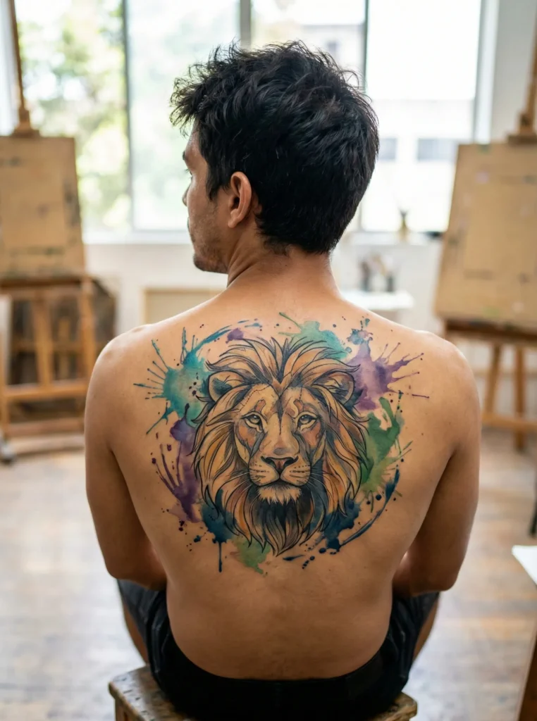 Watercolor Lion Tattoo with Ink Splash Background