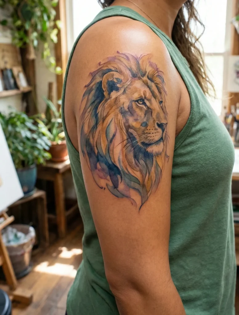 Watercolor Lion Tattoo with Layered Color Wash