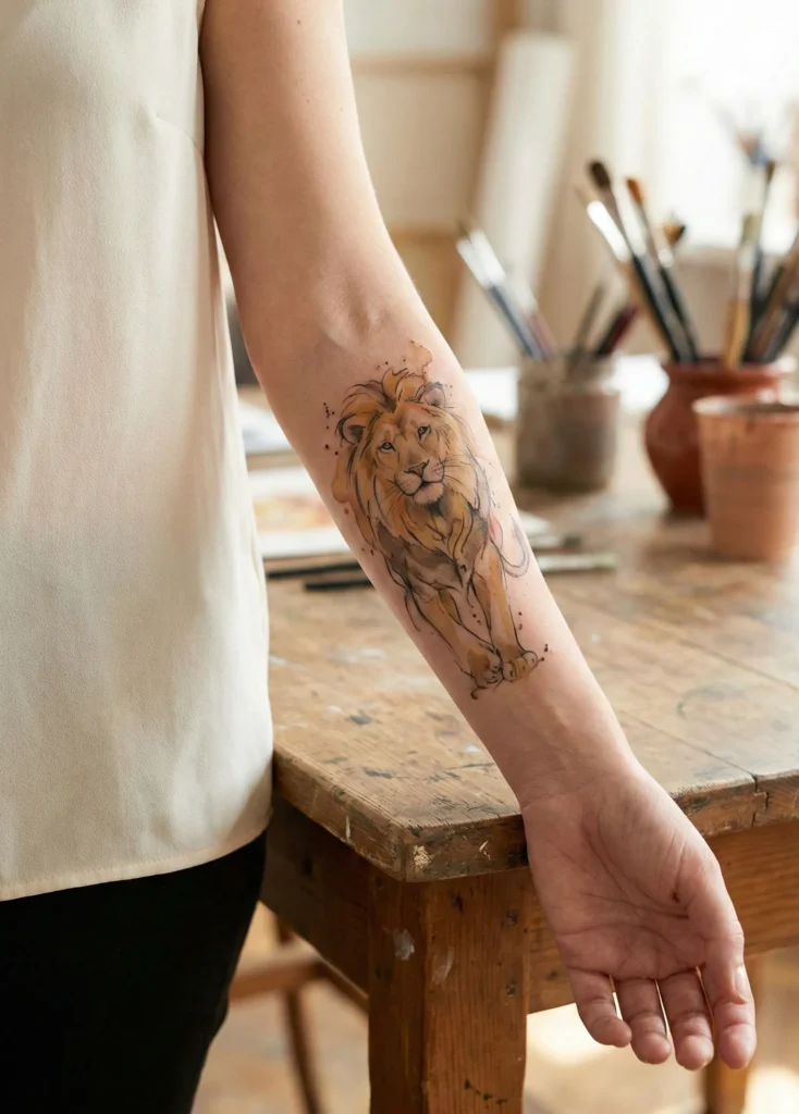 Watercolor Lion Tattoo with Loose Brush Technique