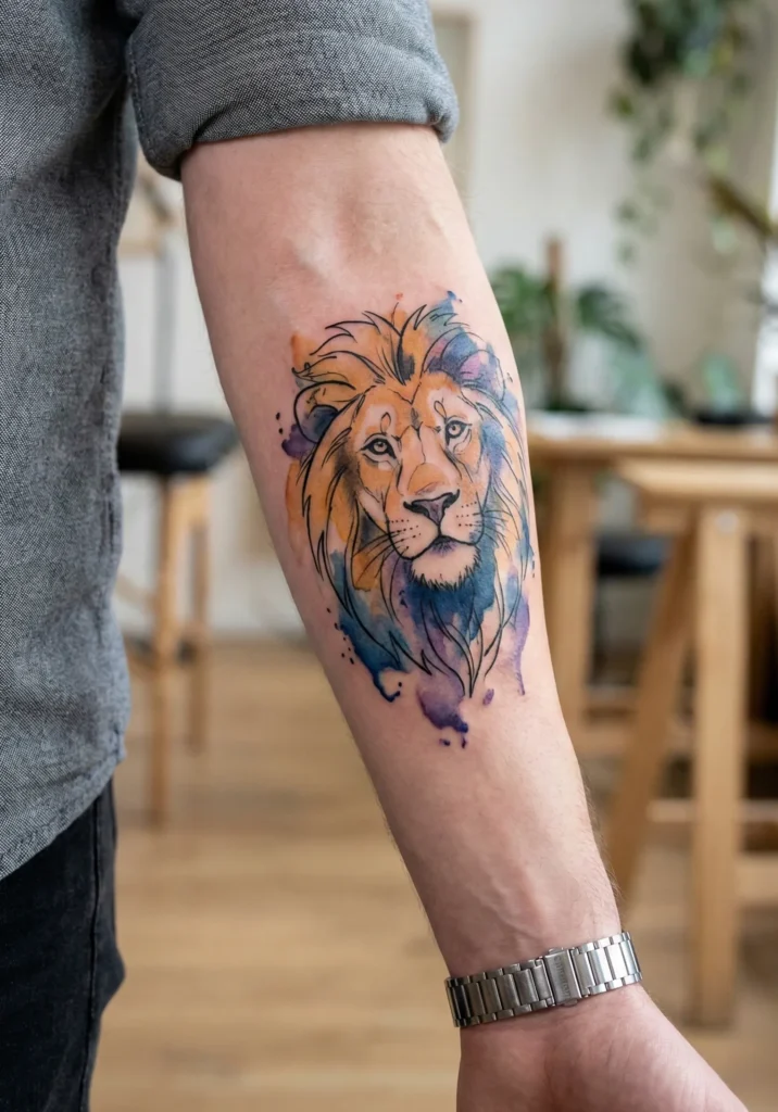 Watercolor Lion Tattoo with Minimal Line + Color Fill