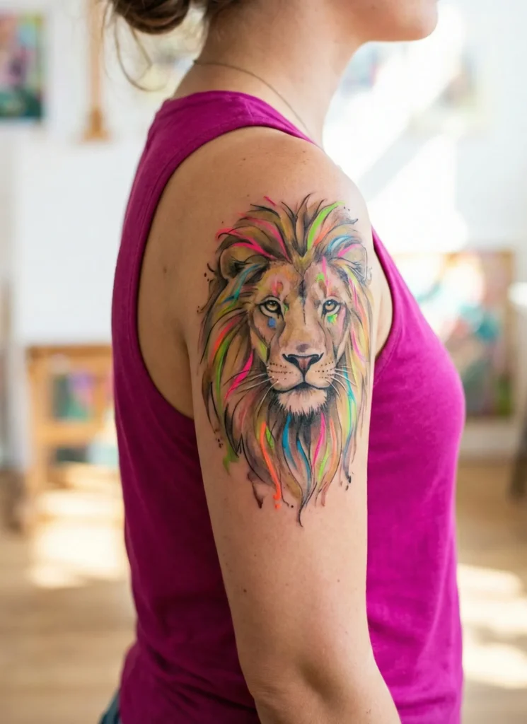 Watercolor Lion Tattoo with Neon Color Touches