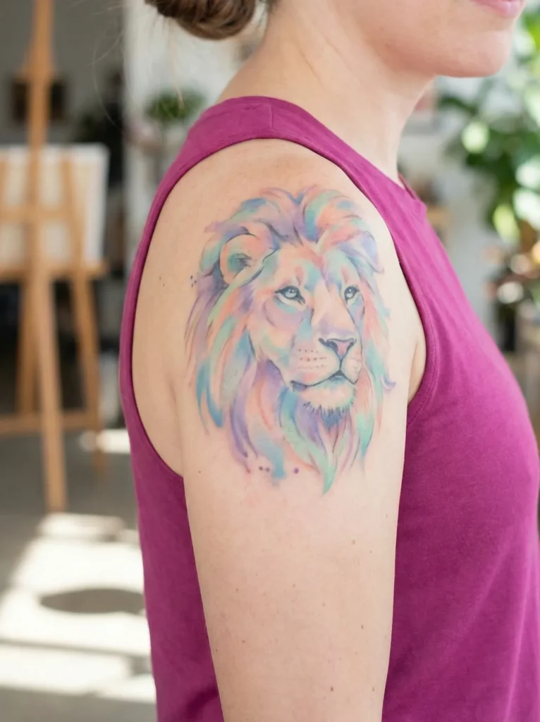 Watercolor Lion Tattoo with Pastel Color Blend