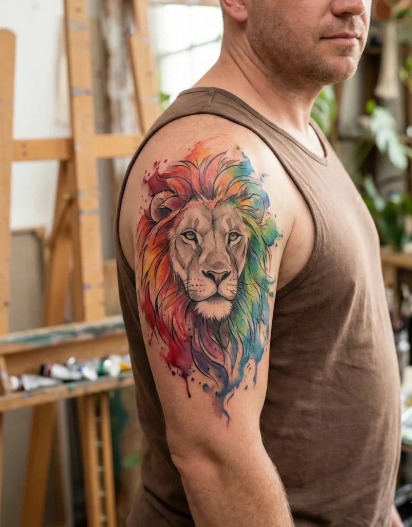 Watercolor Lion Tattoo with Rainbow Mane Flow