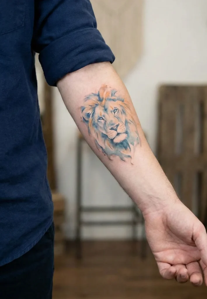 Watercolor Lion Tattoo with Soft Fade Edges