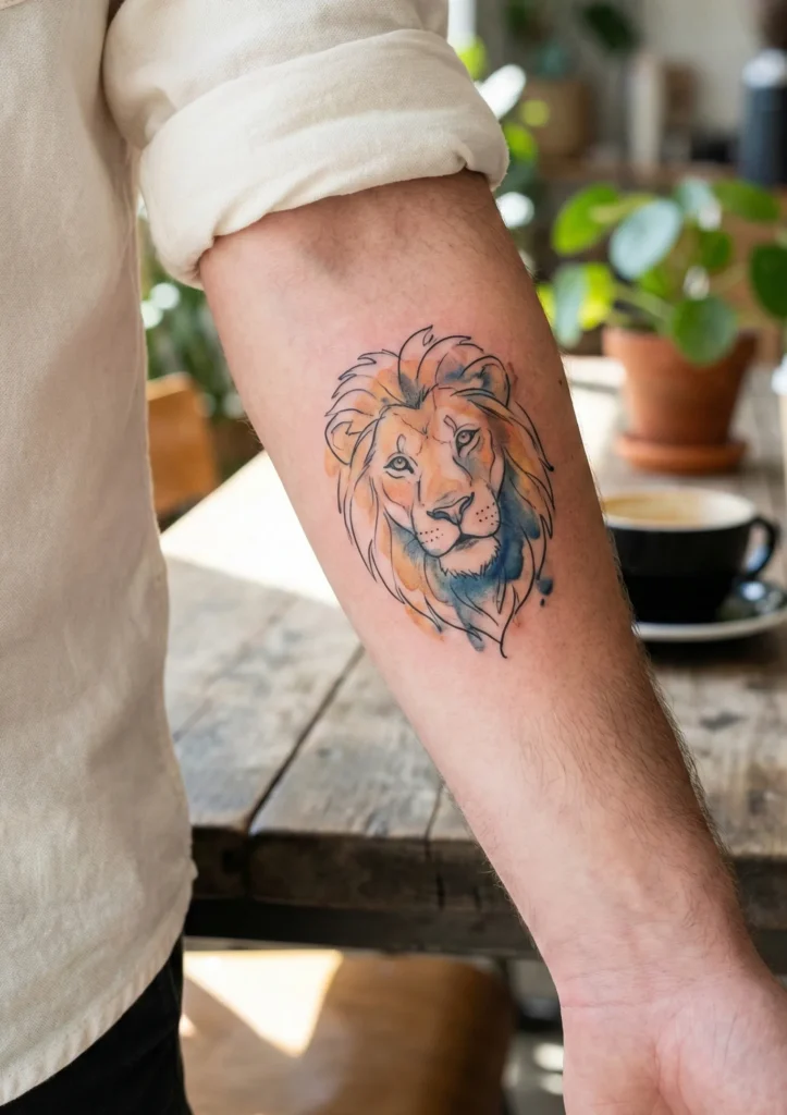 Watercolor Lion Tattoo with Subtle Black Outline