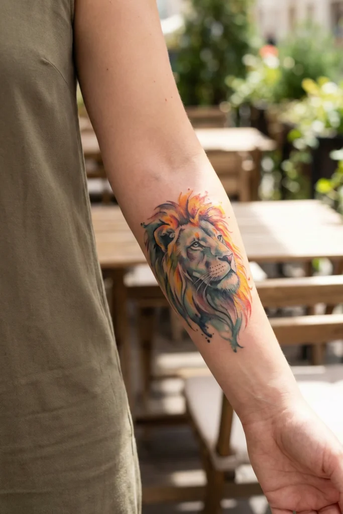 Watercolor Lion Tattoo with Vibrant Mane Highlights