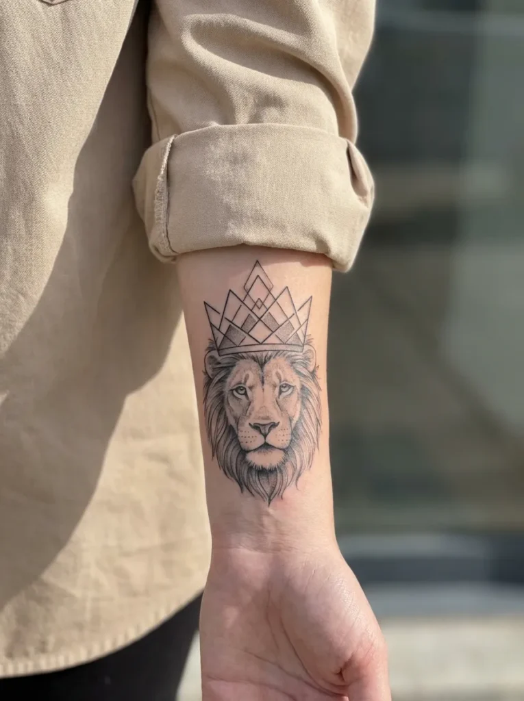 Wrist Lion Tattoo with Geometric Crown Accent