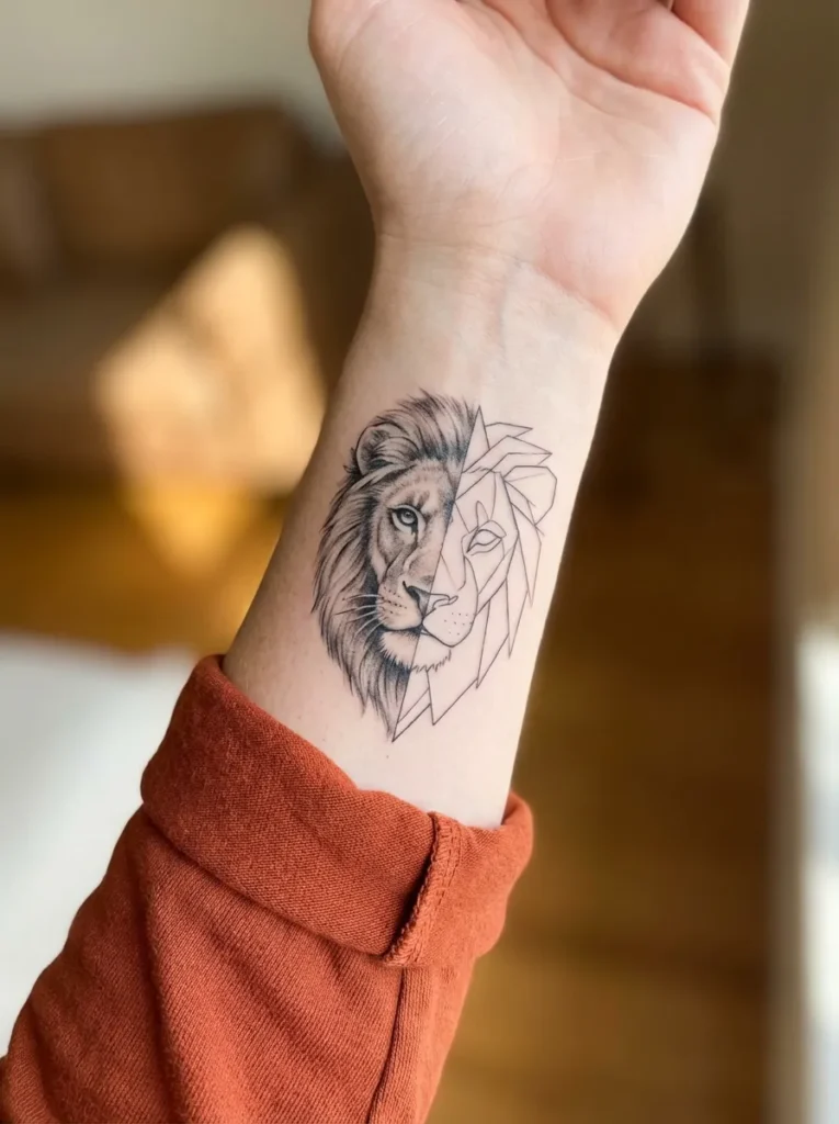 Wrist Lion Tattoo with Half-Realistic, Half-Line Art