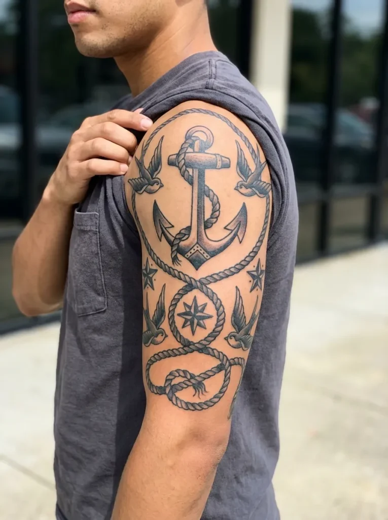 Anchor with Rope Half Sleeve Tattoo