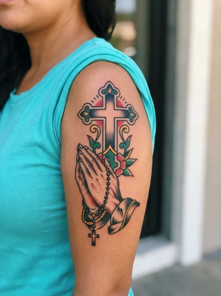 Cross and Praying Hands Tattoo