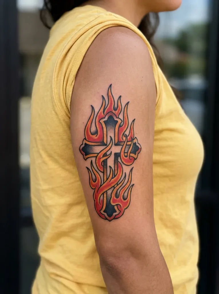 Cross with Flames Tattoo