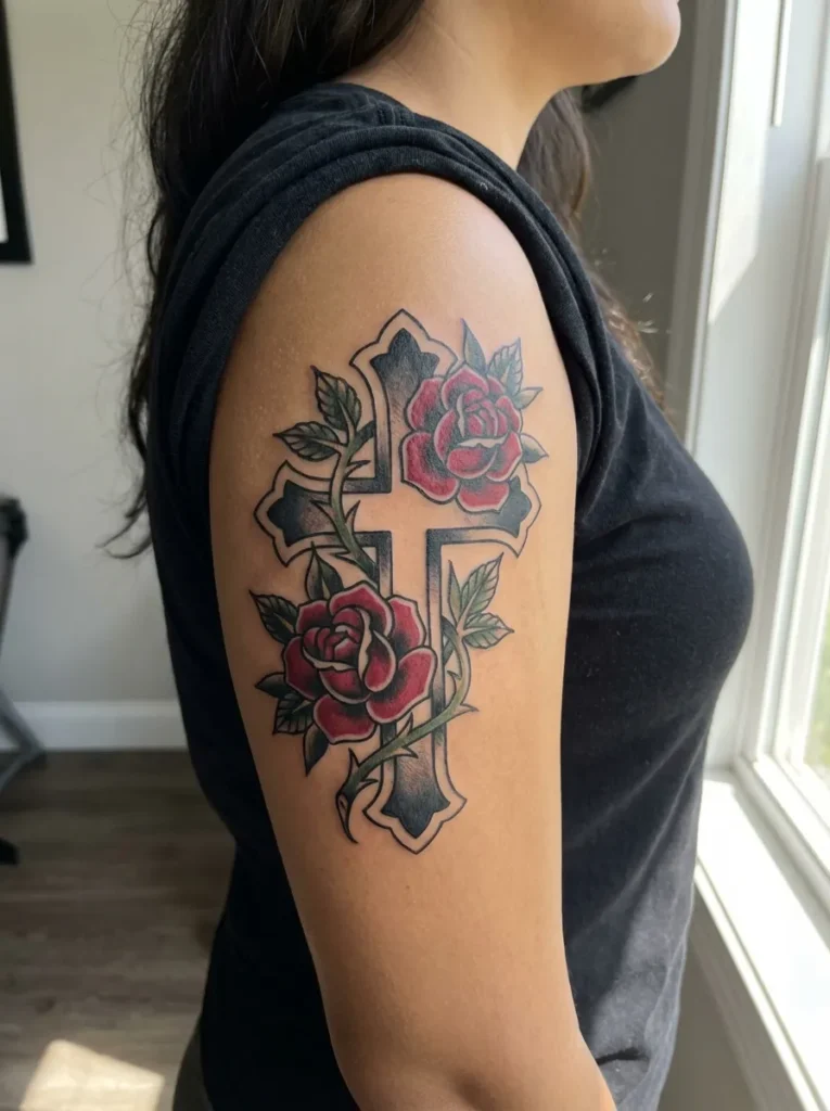 Cross with Roses Tattoo