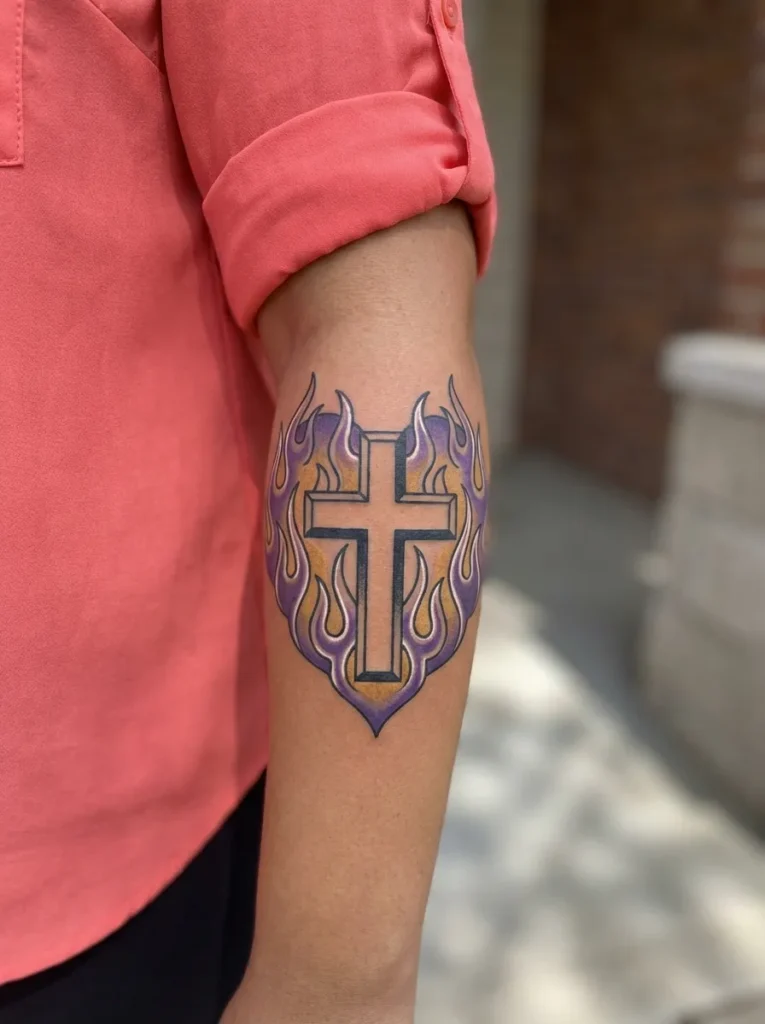 Cross with Sacred Flames Tattoo