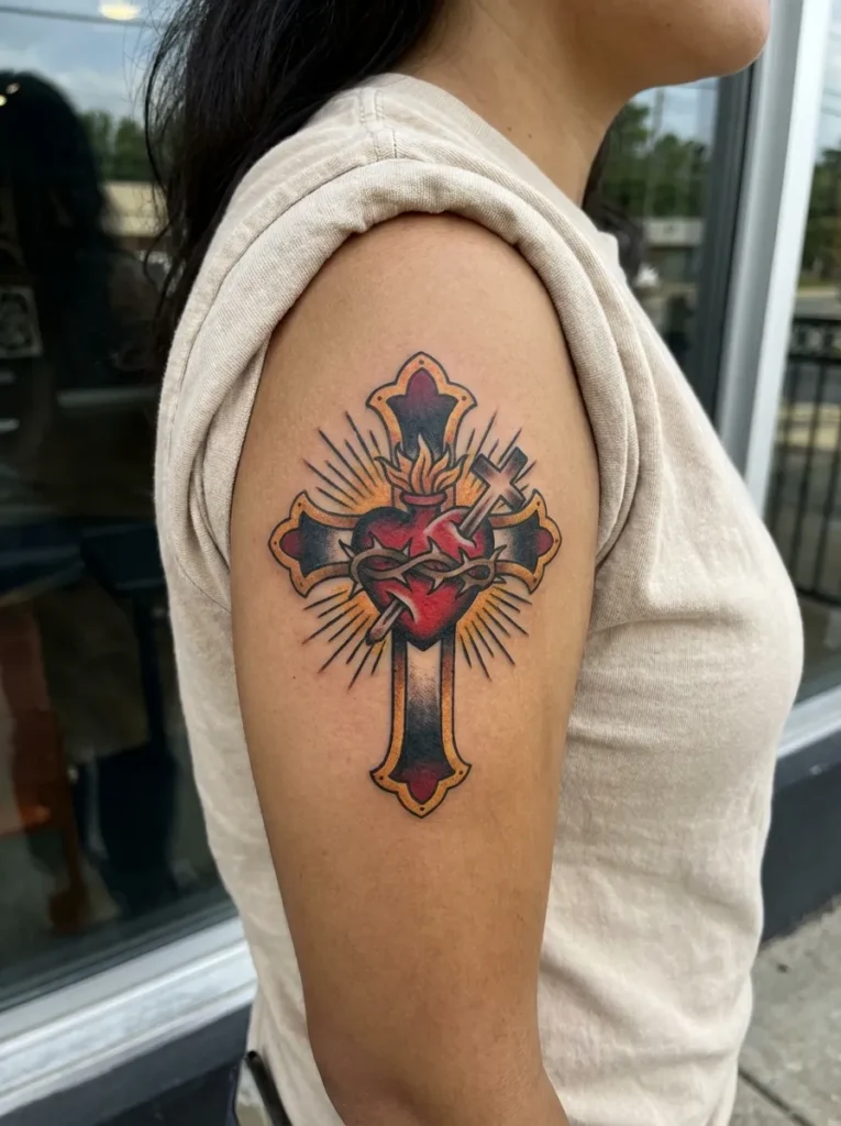 Cross with Sacred Heart Tattoo