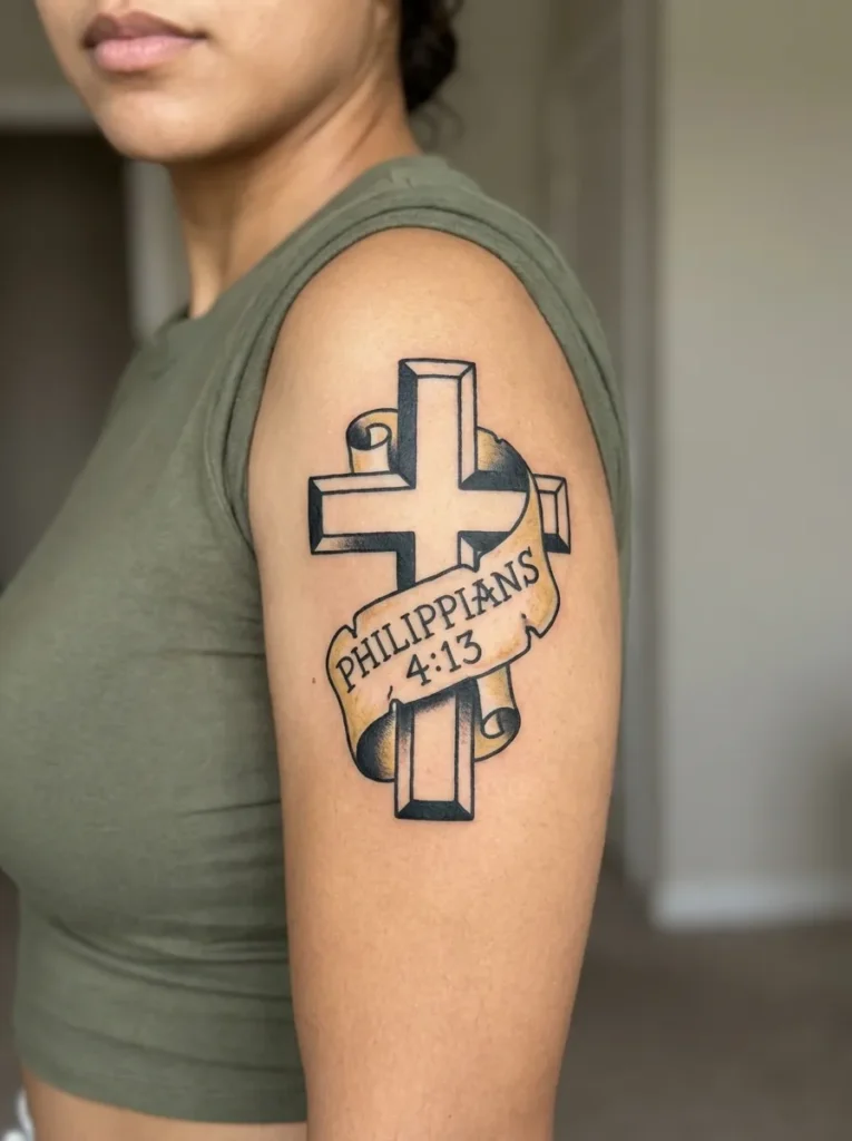 Cross with Scripture Scroll Tattoo