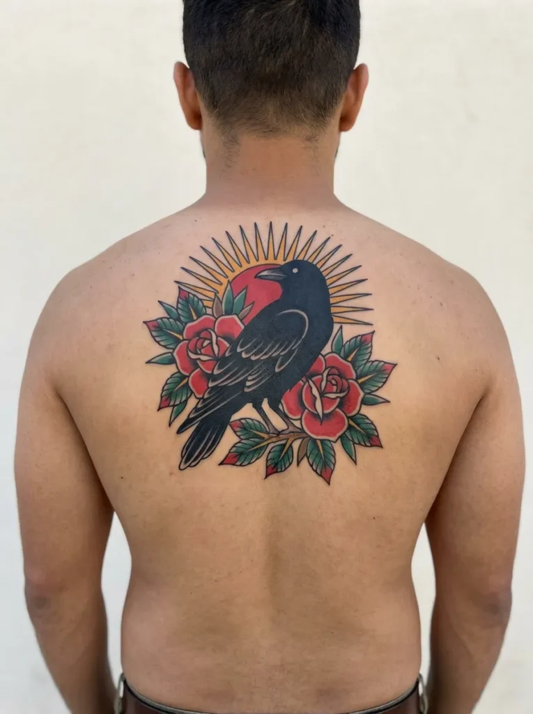 American Traditional Crow Tattoo