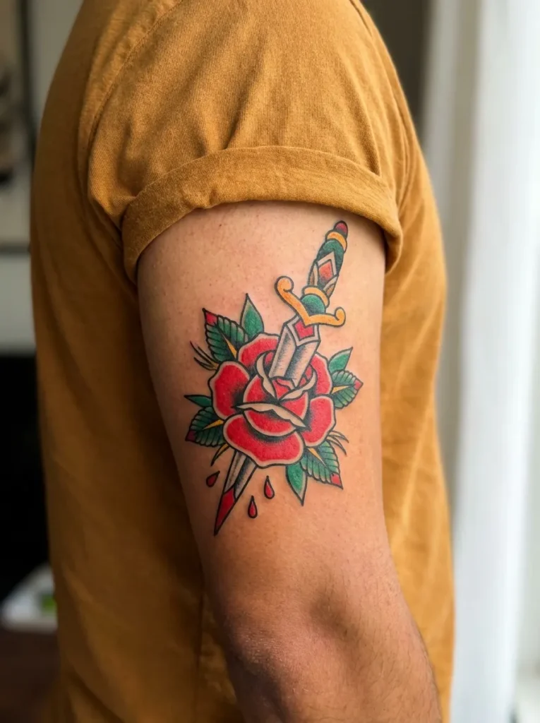 American Traditional Dagger & Rose Tattoo