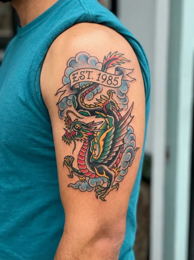 Dragon with Cloud Banner Tattoo